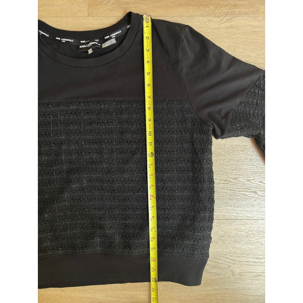Karl Lagerfeld Paris Womens Black Mixed Media Tweed Sweatshirt Metallic Logo L - Picture 7 of 9